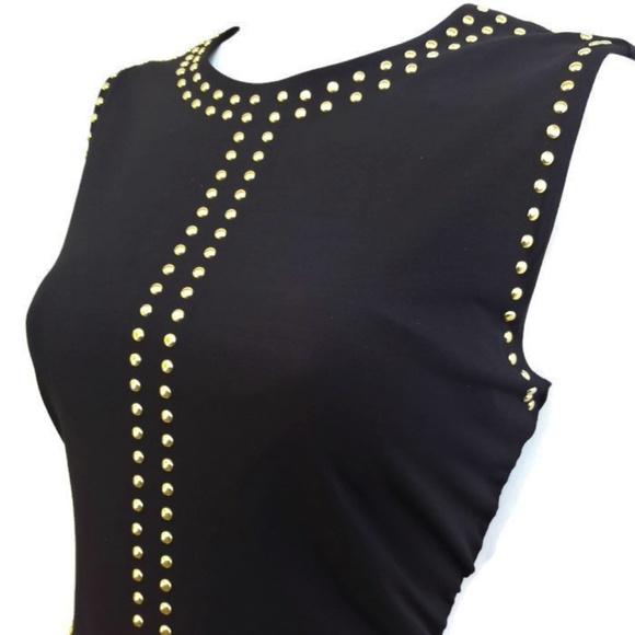 Designer Carmen Marc Valvo Lined Fitted Dress Gold Metal Studs Zip Back Quality - Picture 4 of 7